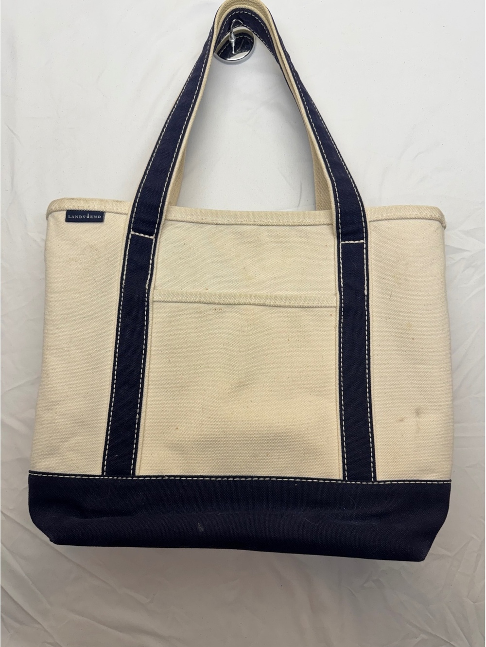 Lands' End Medium Natural Navy 100%cotton Canvas Tote Bag Beach Travel Carryall